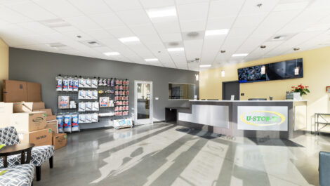 Interior of self storage facility, view of office.