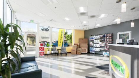 Interior of U-Stor-It facility, view of office and storage supplies.