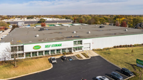 Skyview of outdoor storage units at U-Stor-It self storage facility.