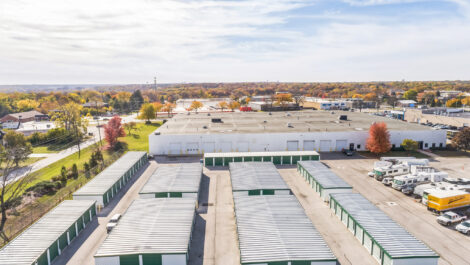 Skyview of outdoor storage units at U-Stor-It self storage facility.