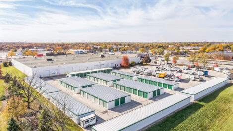 Skyview of outdoor storage units at U-Stor-It self storage facility.