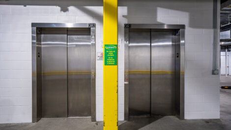 Interior of self storage facility, view of elevator.