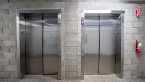 Interior of self storage facility, view of elevator.