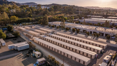 Skyview of outdoor storage units at U-Stor-It self storage facility.