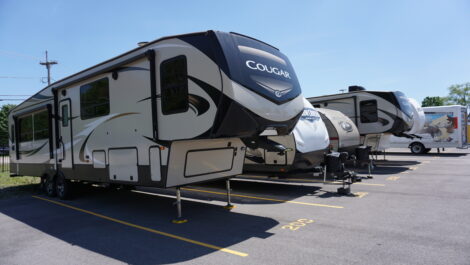 View of RVs in RV parking at U-Stor-It self storage facility.