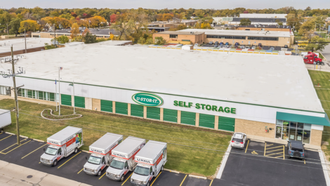 Exterior view of U-Stor-It self storage facility, view of loading zone.