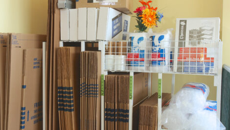 Interior of self storage boxes at U-Stor-It facility, view of office.