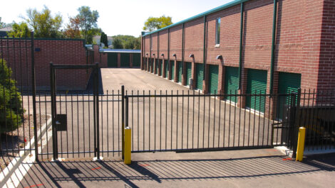 View of security gate at U-Stor-It self storage facility.