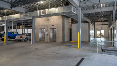 Interior of self storage facility, view of elevator.