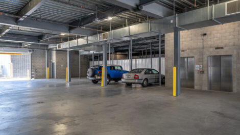 Interior of self storage facility, view of elevator.