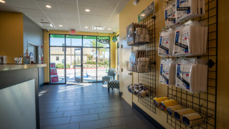 Interior of self storage supplies at U-Stor-It facility, view of office.