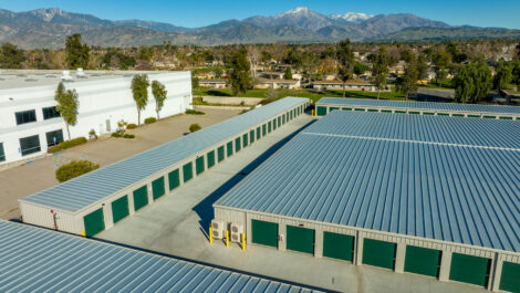 Skyview of outdoor storage units at U-Stor-It self storage facility.