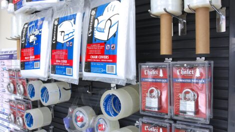 View of packing supplies at U-Stor-It self storage facility.