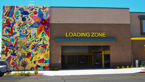 Exterior view of U-Stor-It self storage facility, view of loading zone.