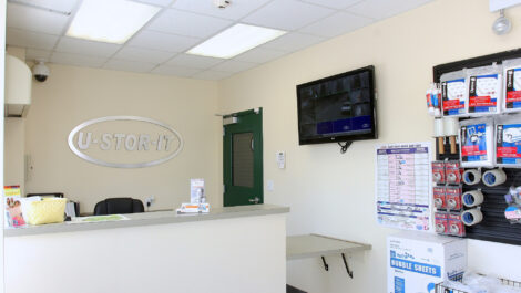 Interior of self storage facility, view of office.