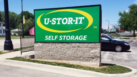 View of sign at U-Stor-iT self storage facility.