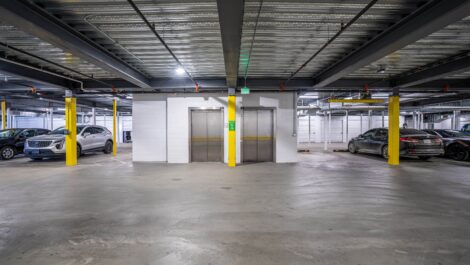 Exterior view of U-Stor-It self storage facility, view of loading zone.