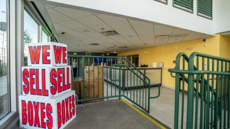 Interior of self storage supplies at U-Stor-It facility, view of office.