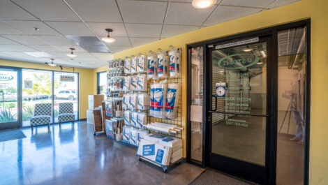 Interior of U-Stor-It facility, view of office and storage supplies.