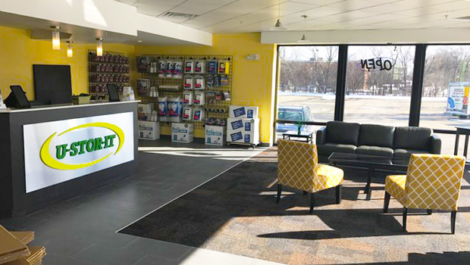 Interior of self storage supplies at U-Stor-It facility, view of office.