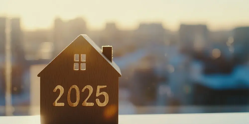 Wooden house model with text “2025” on a table.