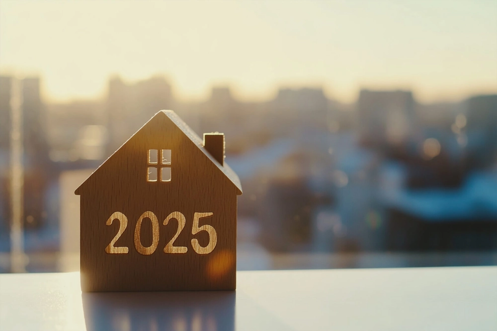 Wooden house model with text “2025” on a table.