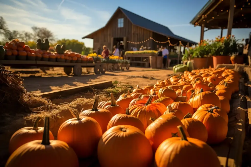 Pile of big orange pumpkins on a wagon in front of a pumpkin patch on a sunny autumn day