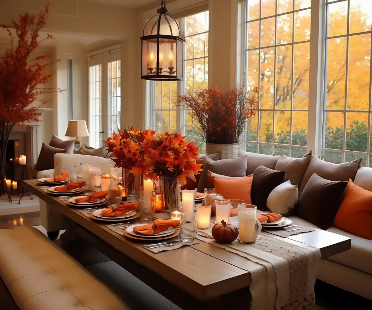 Living room decorated with fall decor.