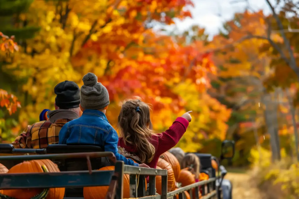 Families Enjoying Scenic Autumn Hayride with Pumpkins