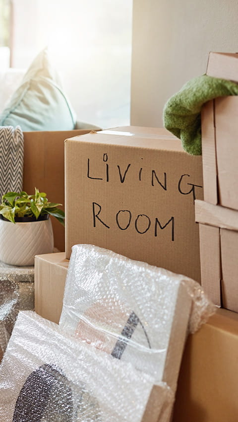 Packed boxes in a living room